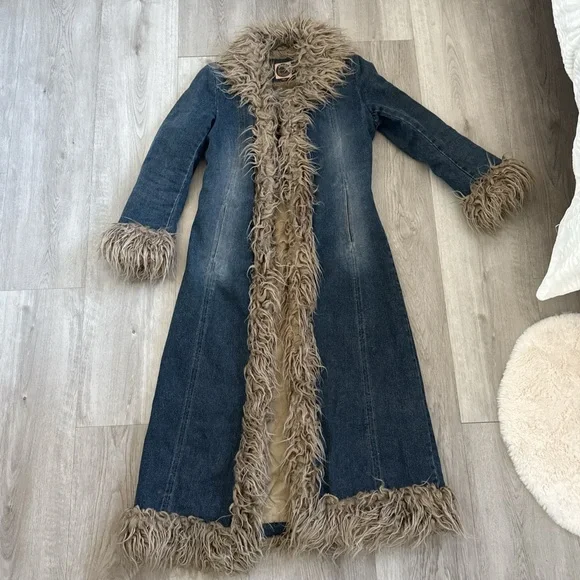 Vintage y2k 90s  Denim maxi “penny lane” coat with faux fur trim - Picture 3 of 8